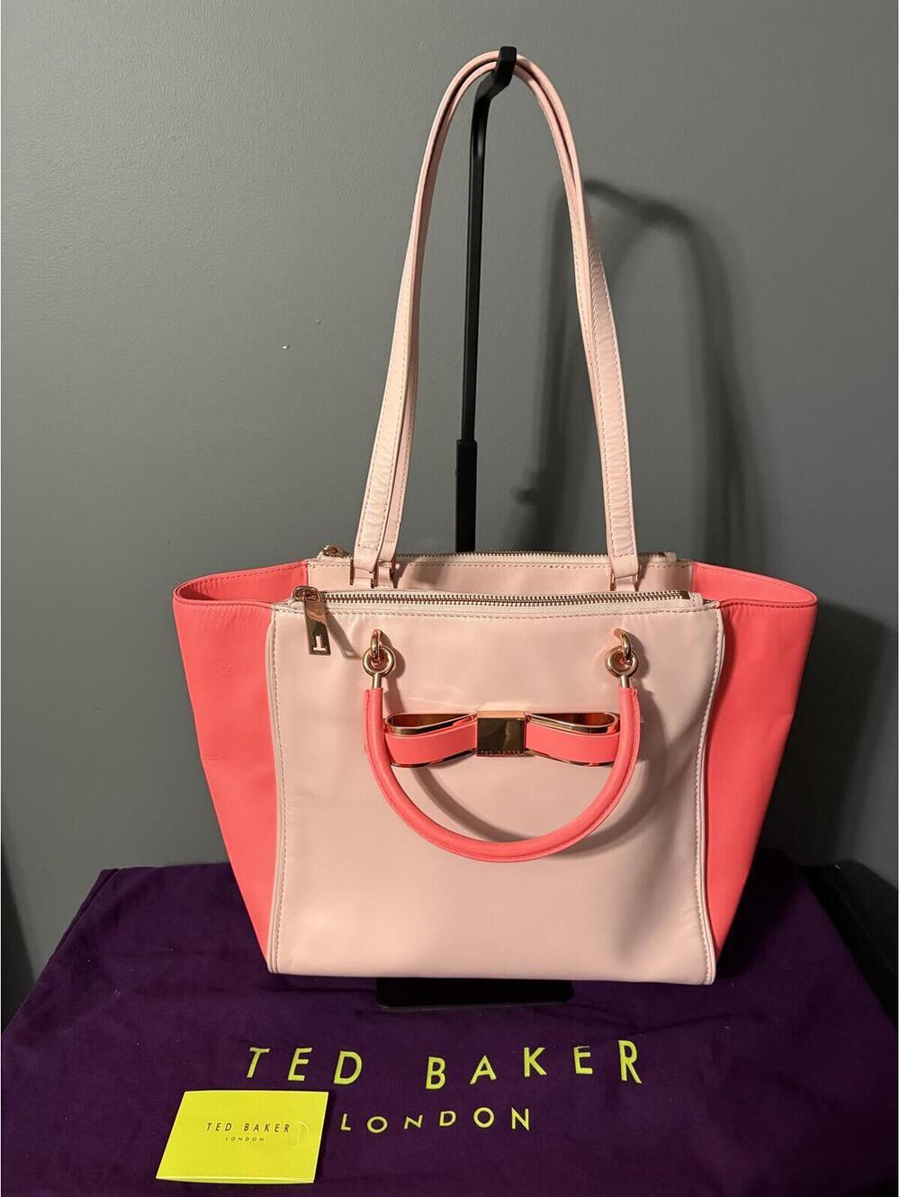 Ted Baker Pink & Coral Colorblock Leather Tote Bag with Rose Gold Bow